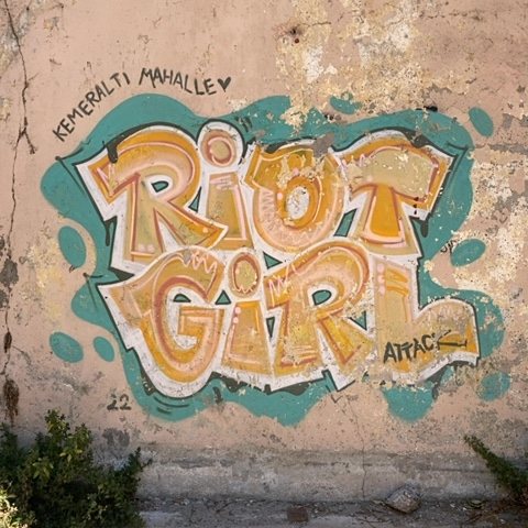 Graffiti art on a weathered wall displaying the phrase 'Riot Girl' with colorful and bold lettering.