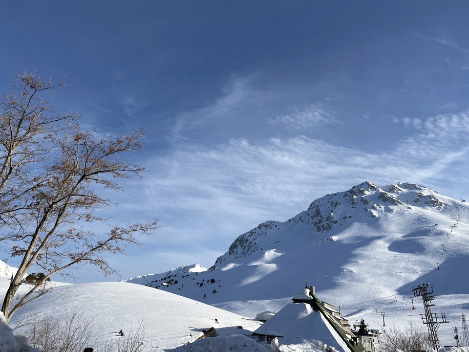 Snow-covered mountain landscape with a clear blue sky, a leafless tree, and a building with a sloped roof.